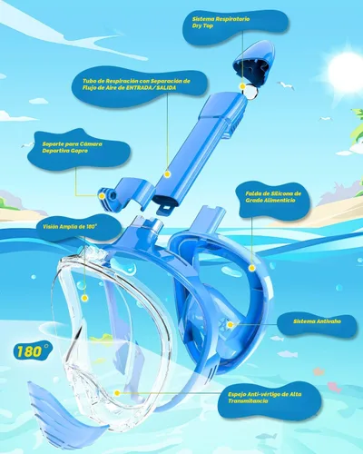 Miniatura 5 de QingSong Máscara de esnórquel para niños de cara completa, juego de esnórquel con soporte para cámara, plegable, vista panorámica de 180 grados
