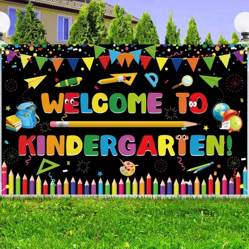 Fondo de fiesta para el primer día de escuela de jardín de infantes, colorido cartel de bienvenida al jardín de infantes, primer día de preescolar
