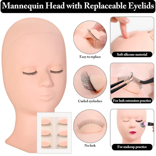 Miniatura 2 de Kit de extensión de pestañas para principiantes, 345 PCS Suministros de práctica: Cabeza de maniquí con párpados extraíbles, pegamento de extensión