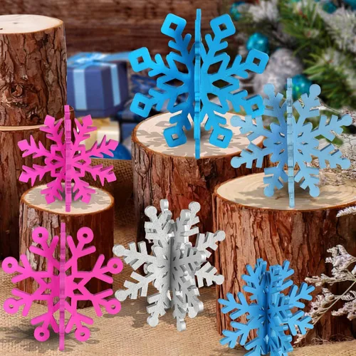OuMuaMua 6 juegos de decoraciones de mesa de Navidad con copos de nieve, 12 piezas de madera color azul, fucsia, morado, plateado, copo de nieve 3D,