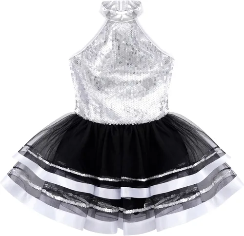 Miniatura 25 de CHICTRY Vestido tutú de ballet con lentejuelas brillantes para niñas y niñas, moderno disfraz de baile latino de jazz