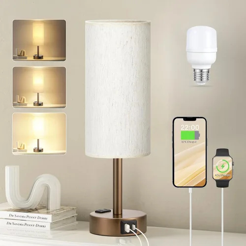 Miniatura 16 de Fenmzee Juego de lámparas de mesa pequeñas táctiles regulables de 2 a 3 vías, carga USB A + C, salida de CA, base de grano de madera, bombillas