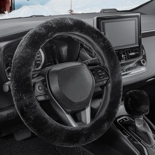 SEG Direct Funda peluda para volante de automóvil con funda para palanca de cambios esponjosa, suave, cálida, antideslizante, decoración de