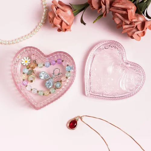 Miniatura 7 de COWFEX Joyero de cristal en forma de corazón con tapa para niñas y mujeres, organizador de almacenamiento de baratijas, caja decorativa para San