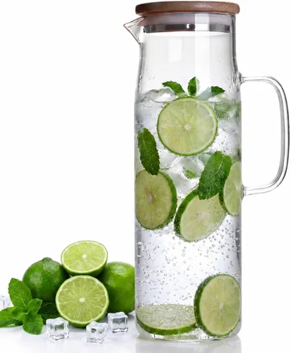 hjn Jarra de vidrio con tapa, jarra de agua de vidrio con asa, jarra de agua para refrigerador, bebidas frías o calientes, té helado, leche, jugo de