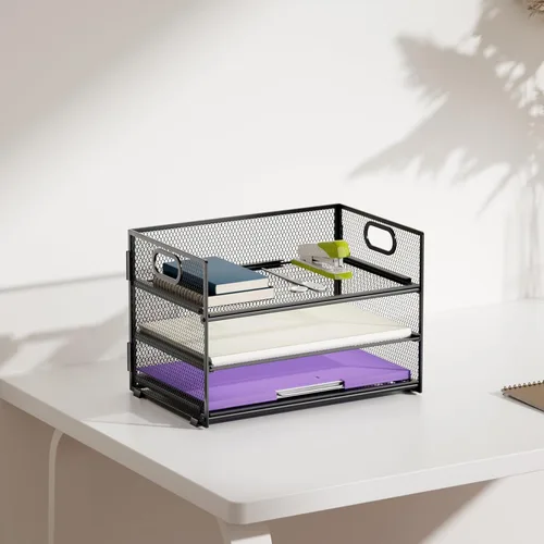 Miniatura 5 de Marbrasse Bandeja organizadora de papel de 3 niveles, organizador de archivos de malla con asa, organizador de escritorio clasificador de papel