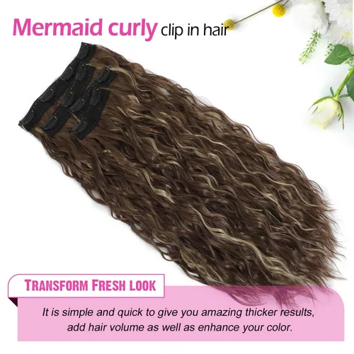 Miniatura 4 de Extensiones de cabello con clip de 20 pulgadas, 4 piezas, color sirena ondulado, rizado, grueso, invisible, trama de encaje color castaño ceniza