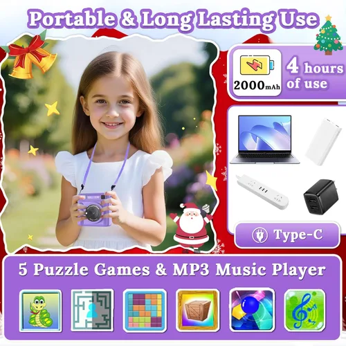 Miniatura 6 de Cámara para niños con impresión instantánea, grabadora de video digital HD 1080P con tarjeta SD de 32 GB, regalos de Navidad y cumpleaños para niños