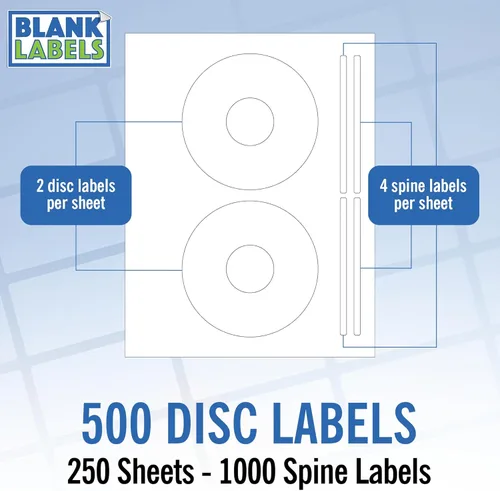 500 etiquetas de CD/DVD compatibles con la plantilla Word 5931. Acabado mate blanco brillante compatible con láser y inyección de tinta. 250 hojas