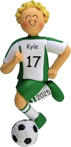Miniatura 17 de Adorno de Navidad personalizado de fútbol, uniforme blanco y negro, niña, cabello rubio, bola de regate, resina pintada a mano, 4.5 pulgadas