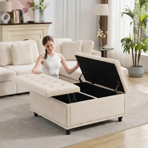 Miniatura 17 de Tbfit Banco otomano de almacenamiento cuadrado grande, mesa de centro otomana tapizada con tapa de elevación y patas de madera maciza, caja de Marrón