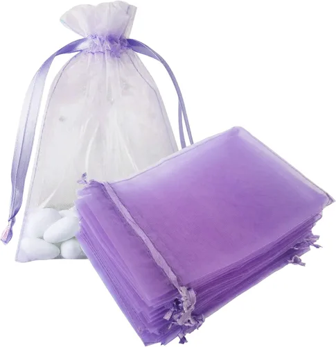 Miniatura 20 de Bolsas de regalo de organza de 4 x 6 pulgadas con cordón para joyas, dulces, paquetes de 50 bolsas de té de tela transparente azul aguamarina