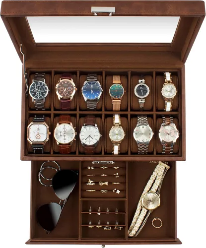 GUKA Caja de reloj, caja de reloj con 12 ranuras, fundas de reloj para hombres con tapa de cristal real, organizador de reloj de cuero sintético con
