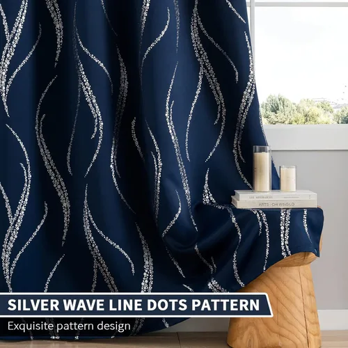 Miniatura 6 de Yakamok Cortinas opacas para sala de estar, cortinas de 84 pulgadas de largo, cortinas onduladas azul marino y plateado con patrón, cortinas de Azul