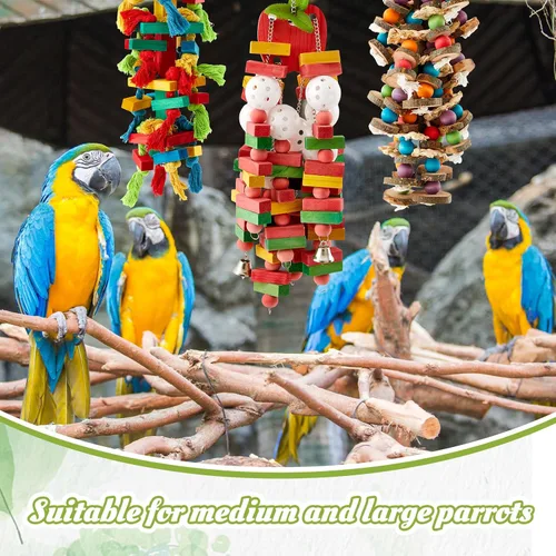 Miniatura 4 de Seenelling 3 piezas de juguete extra grande de loro de madera natural multicolor jaula de loro masticar juguetes para guacamayos grandes medianos