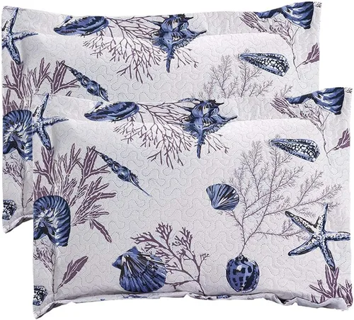 Miniatura 7 de Juego de edredón de tamaño Queen - Edredón ligero reversible, colcha, cubrecama - Ropa de cama costera - Decoración del hogar con concha de estrella