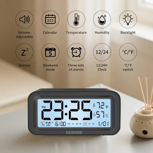 Miniatura 6 de Reloj despertador digital con luz nocturna, funciona con pilas, con temperatura interior y humedad, reloj pequeño de escritorio, modelo con función