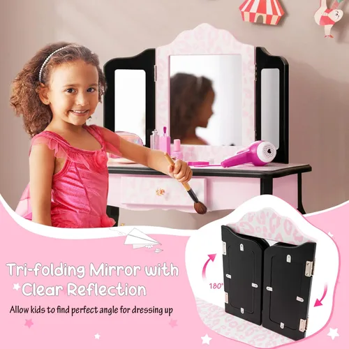 Miniatura 4 de Costzon Juego de mesa y silla para niños, juego de tocador para niñas con espejo y taburete, cajón de almacenamiento, tocador de maquillaje