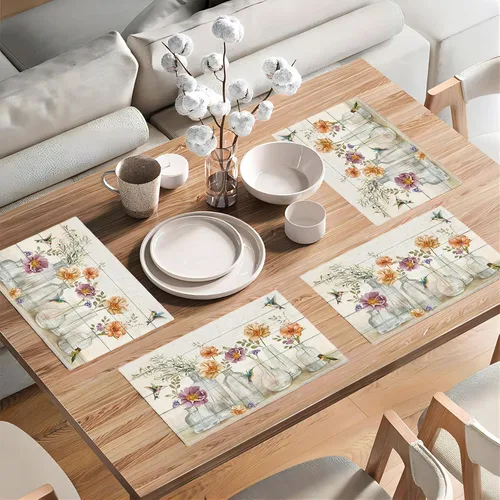 Miniatura 4 de Juego de 4 manteles individuales florales y colibríes, lavables, para decoración del hogar, fiesta, interior, cocina, comedor, 12 x 18 pulgadas