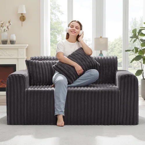 Miniatura 12 de Hobestluk Sofá Individual de Espuma Sillón Sofá para Espacios Pequeños Sofás Cómodos con Funda Extraíble Sofá Peludo con Almohadas para Sala de Negro