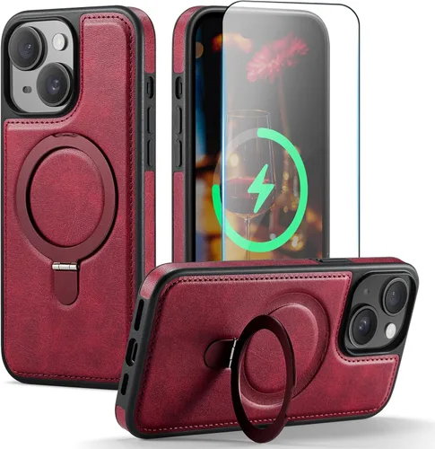 Miniatura 11 de Funda para iPhone 13 con soporte compatible con Magsafe, color negro Magnetic Kickstand, with Tempered Glass Screen Protector, Durable PU Leather
