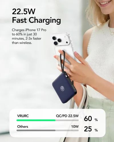 Miniatura 3 de VRURC Cargador portátil USB C para iPhone, banco de energía delgado de 10000 mAh con cables integrados, carga rápida de 22.5 W con pantalla LED
