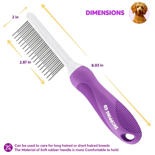 Miniatura 3 de Peine desenredante para mascotas para perros y gatos con dientes metálicos largos y cortos de acero inoxidable para eliminar enredos y nudos.
