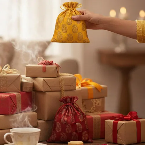 Miniatura 7 de Touchstone Preciosas bolsas de envoltura de regalos reutilizables, respetuosas con el medio ambiente, grandes con cordón de brocado Paisley