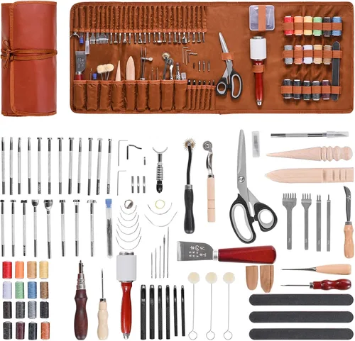 VEVOR Kit de herramientas de trabajo de cuero, 92 piezas con bolsa de almacenamiento de cuero portátil, herramientas de lijado de estampación de