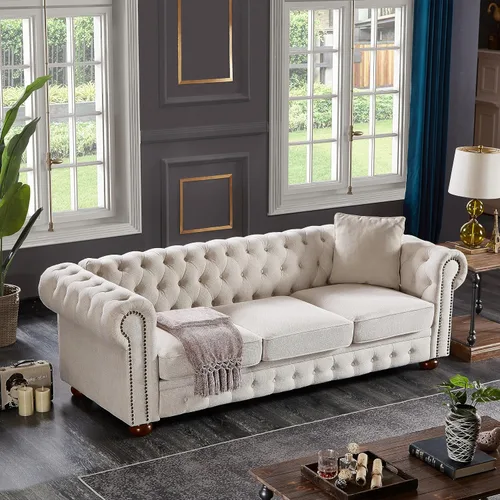 Miniatura 8 de Chesterfield - Sofá de cuero, sofá moderno de mediados de siglo de 89 pulgadas con respaldo bajo, brazo enrollable, ribete de cabeza de clavo, sofá