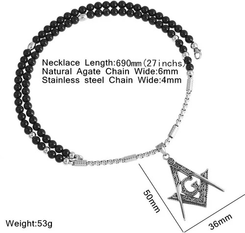 Miniatura 2 de BLEUM CADE Collar con colgante de símbolo masónico de acero inoxidable con cadena de piedra de ágata natural negra de 27 pulgadas, Piedra, Ágata