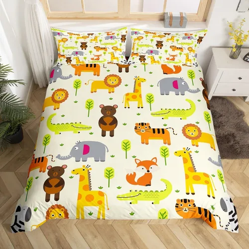 Erosebridal Juego de ropa de cama individual de animales de la selva para niñas y niños, funda de edredón de elefante oso, tigre, león, safari,