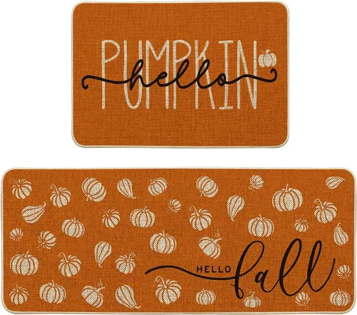Miniatura 8 de Artoid Mode Juego de 3 tapetes de cocina naranja con texto en inglés "Hello Pumpkin", decoración otoñal para el hogar, alfombras de cocina de bajo
