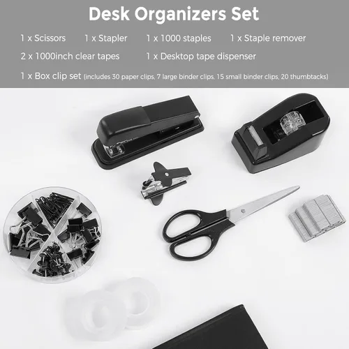 Miniatura 3 de SKYDUE Juego de suministros de oficina negros, accesorios de escritorio negros, grapadora, dispensador de cinta, tijeras, carpeta/clips de papel