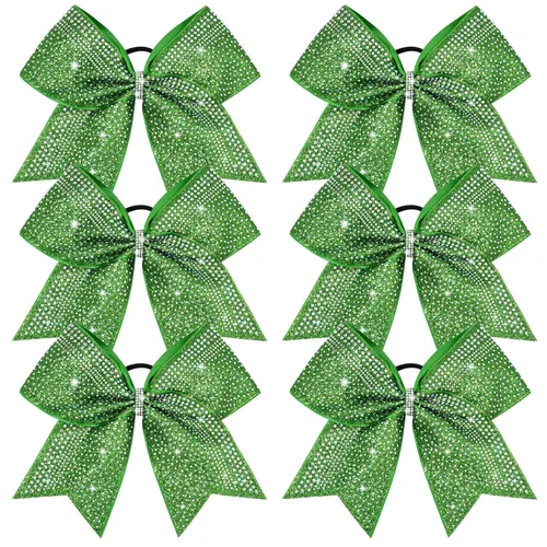 Miniatura 12 de DEEKA 6 lazos grandes de animadora con purpurina de 8 pulgadas con diamantes de imitación completos, lazos para el pelo de animadora coloridos Plata