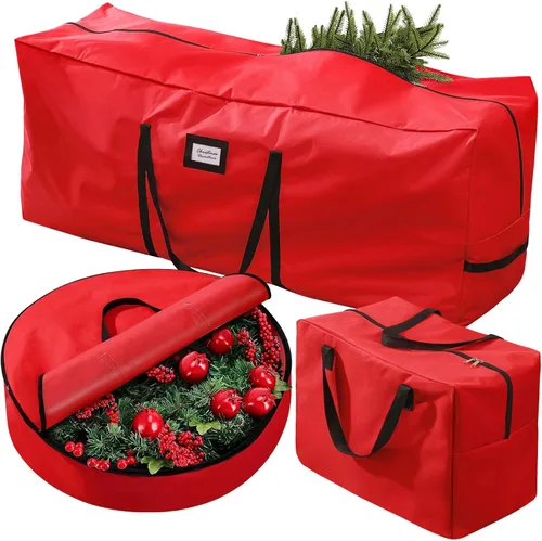 Paquete de 3 bolsas de almacenamiento para árbol de Navidad, para árboles artificiales de hasta 7.5 pies, duraderas e impermeables con asas de Rojo