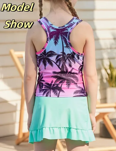 Miniatura 44 de Traje de baño tankini de 3 piezas para niñas, lindo bikini con salida de baño con falda de playa de 5 a 16 años