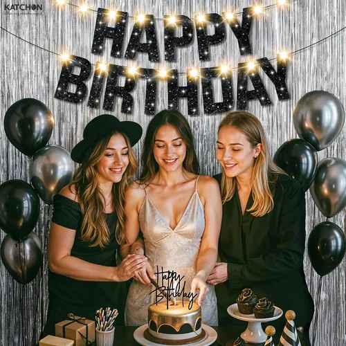 Miniatura 7 de KatchOn, Juego de decoraciones de cumpleaños negras y plateadas, paquete de 5, pancarta de feliz cumpleaños con purpurina, fondo plateado, luz LED