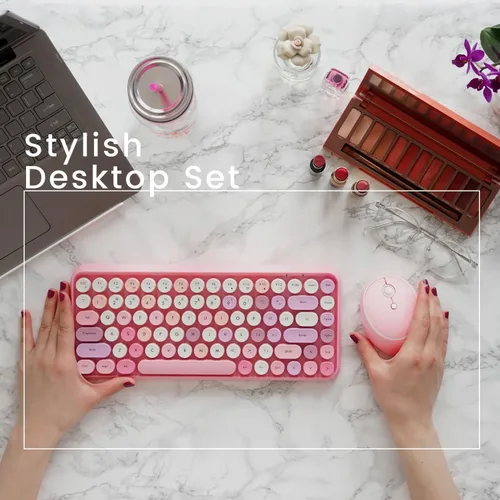 Miniatura 2 de Perixx PERIDUO-713 - Mini teclado inalámbrico y mouse, tapas redondas retro, rosa pastel, diseño en inglés de EE. UU