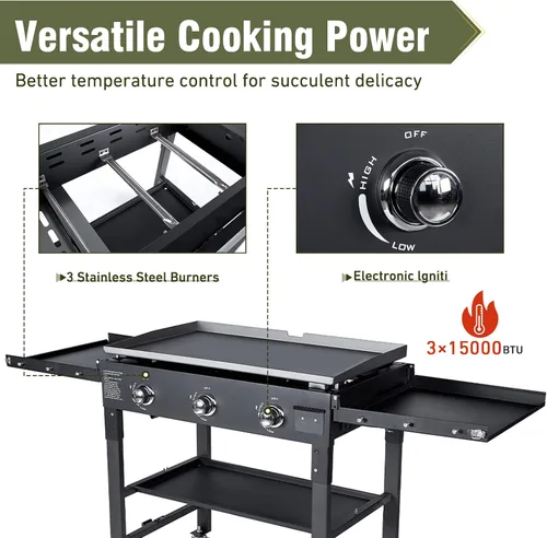 Miniatura 5 de BESTFIRE Parrilla plana de 3 quemadores de 35 pulgadas, parrilla plana de 45,000 BTU para cocinar al aire libre con dos estantes plegables, parrilla