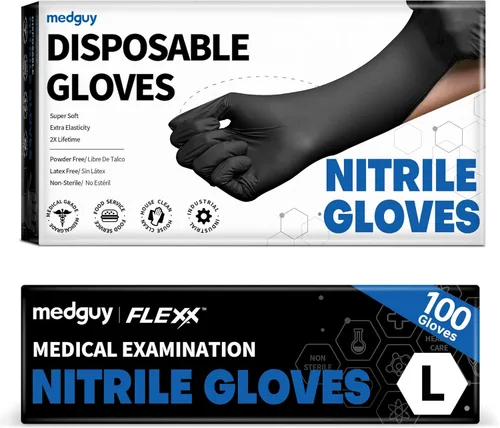 Medguy - Guantes desechables de nitrilo, 4.5 mil, color negro, sin polvo, sin látex, aptos para alimentos, para examinación, tatuajes, preparación