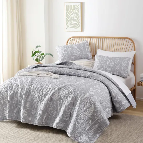 Miniatura 11 de JANZAA Juego de colcha tamaño Queen de 3 piezas con patrón floral, de microfibra ligera, ropa de cama reversible, 1 colcha y 2 fundas de almohada