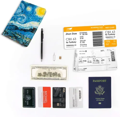 Miniatura 7 de Funda para pasaporte con bloqueo RFID de piel, organizador de documentos de viaje, Flores de albaricoque.), 201910301033D
