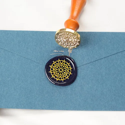 Miniatura 2 de Sello de cera con empuñadura de flor de mandala de 1.496 pulgadas, 1.575 pulgadas, con empuñadura, para invitación de boda, sellado de tarjetas