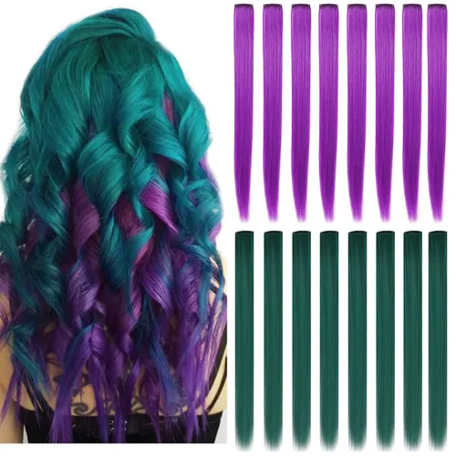 Miniatura 15 de 16 extensiones de cabello de colores con clip para fiestas, 21 pulgadas, lacio, sintético, extensiones de cabello azul claro para niñas y mujeres