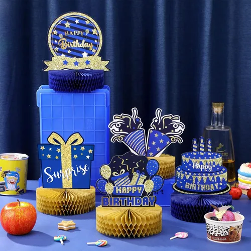 Miniatura 4 de Gersoniel 9 piezas de decoración de mesa de feliz cumpleaños, centros de mesa de panal de abeja con purpurina, decoración de fiesta azul y dorada