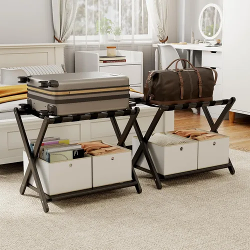 Miniatura 13 de oakvivo Portaequipajes negro totalmente montado para habitación de invitados, soporte plegable de bambú para maleta con 5 correas de nailon, soporte