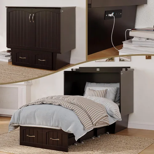 Miniatura 23 de AFI, Nantucket - Cómoda de cama Murphy de tamaño matrimonial con colchón, cajón de almacenamiento y cargador USB integrado, color blanco