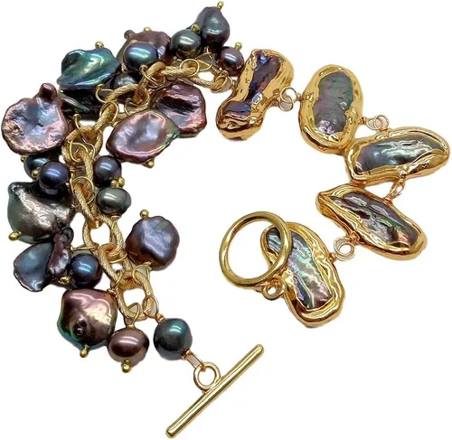 Miniatura 2 de Pulsera de cadena de perlas Keshi de 7.9in cultivadas de perlas biwa negras #3211