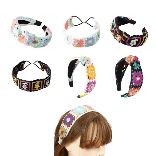 Miniatura 5 de LIANXUE Diadema de punto floral para mujer, turbante elástico, floral, ganchillo, cuadrado, estilo étnico, diadema envolvente para la cabeza